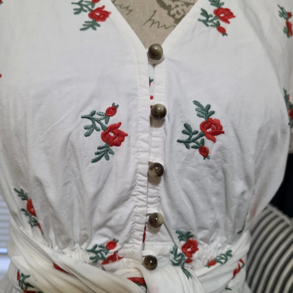 Anthropologie Maeve Embroidered White Floral Wrap Blouse with Red Rose
